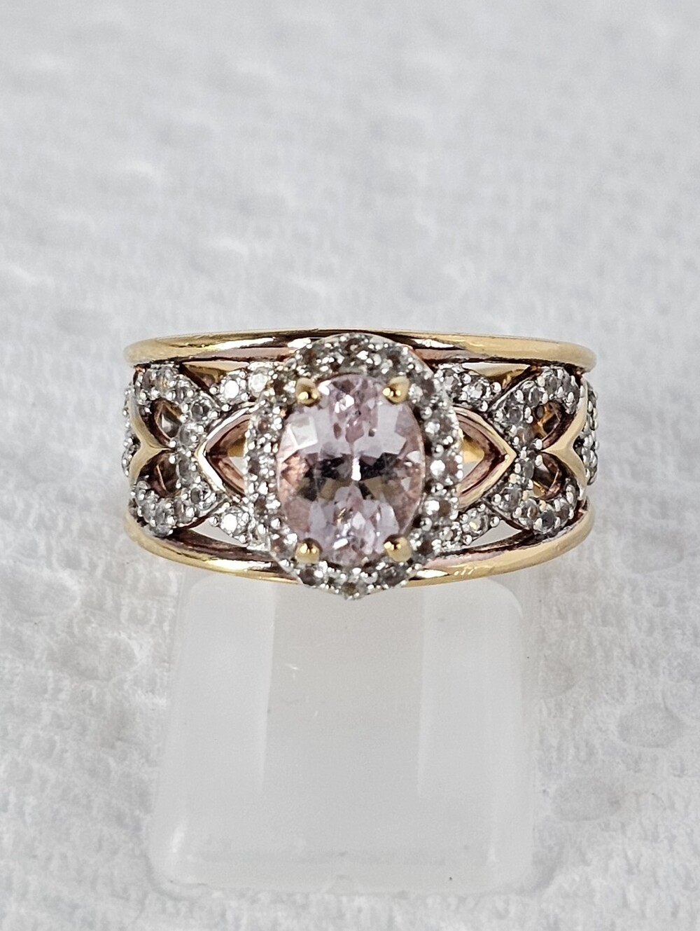 Natural Kunzite & White Zircon Ring 18k Rose Gold Over Sterling Silver Size 6!